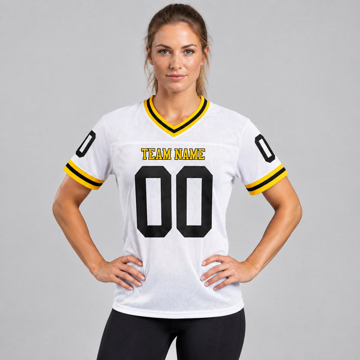 Custom White Mesh Authentic Football Jersey with Black and Gold Lettering Design 0538 worn by female model