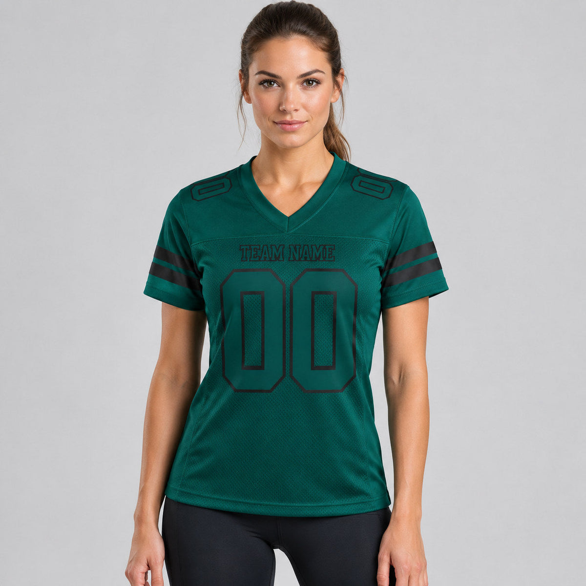 Custom Midnight Green Mesh Authentic Football Jersey with Midnight Green and Black Lettering worn by female model