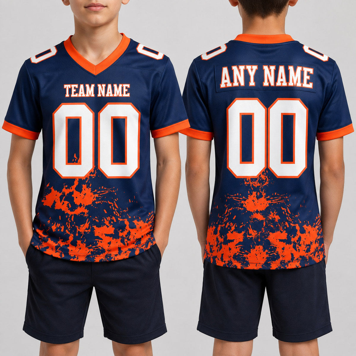 Custom Navy Splash Authentic Football Jersey with White and Orange Lettering youth size worn by child model