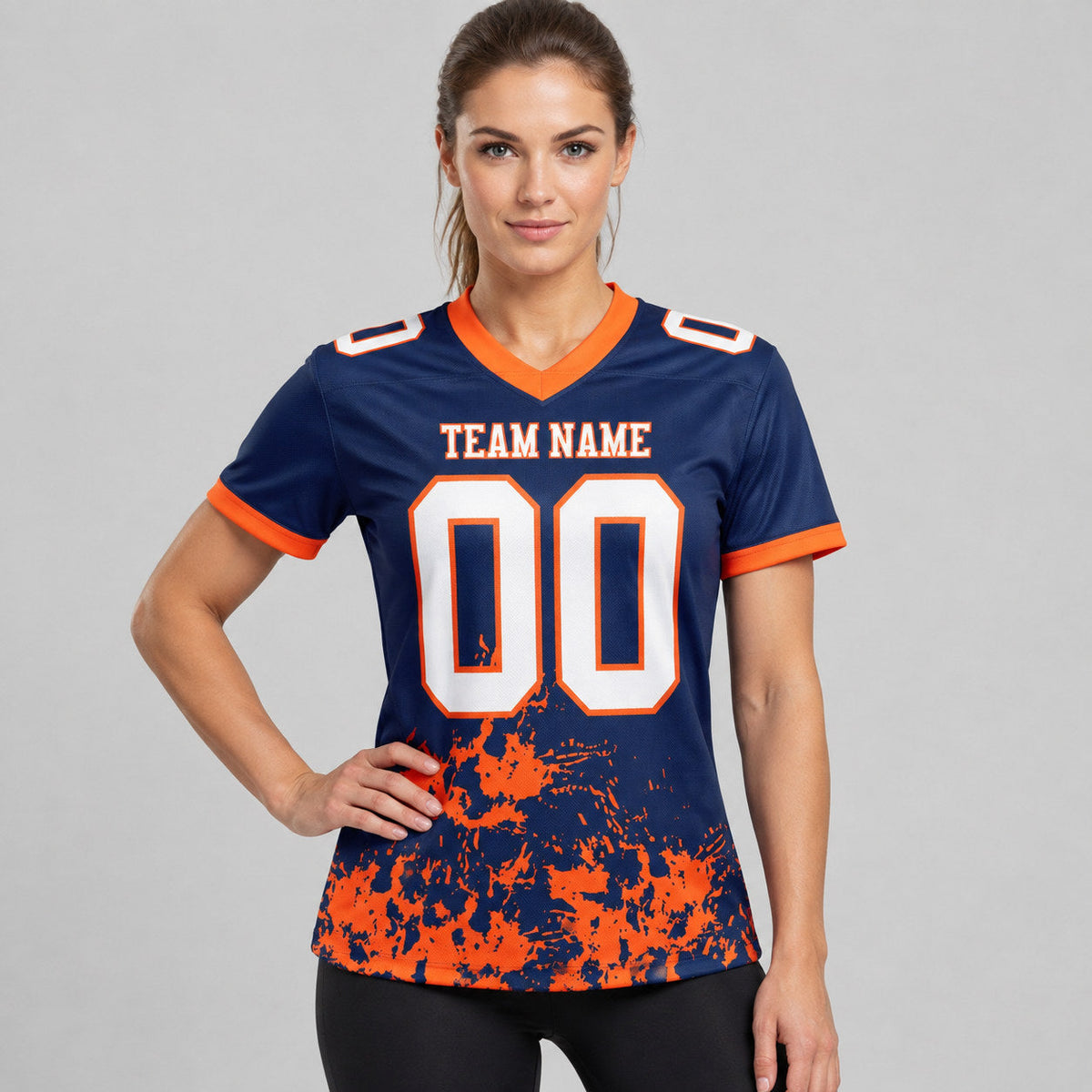 Custom Navy Splash Authentic Football Jersey with White and Orange Lettering worn by female model