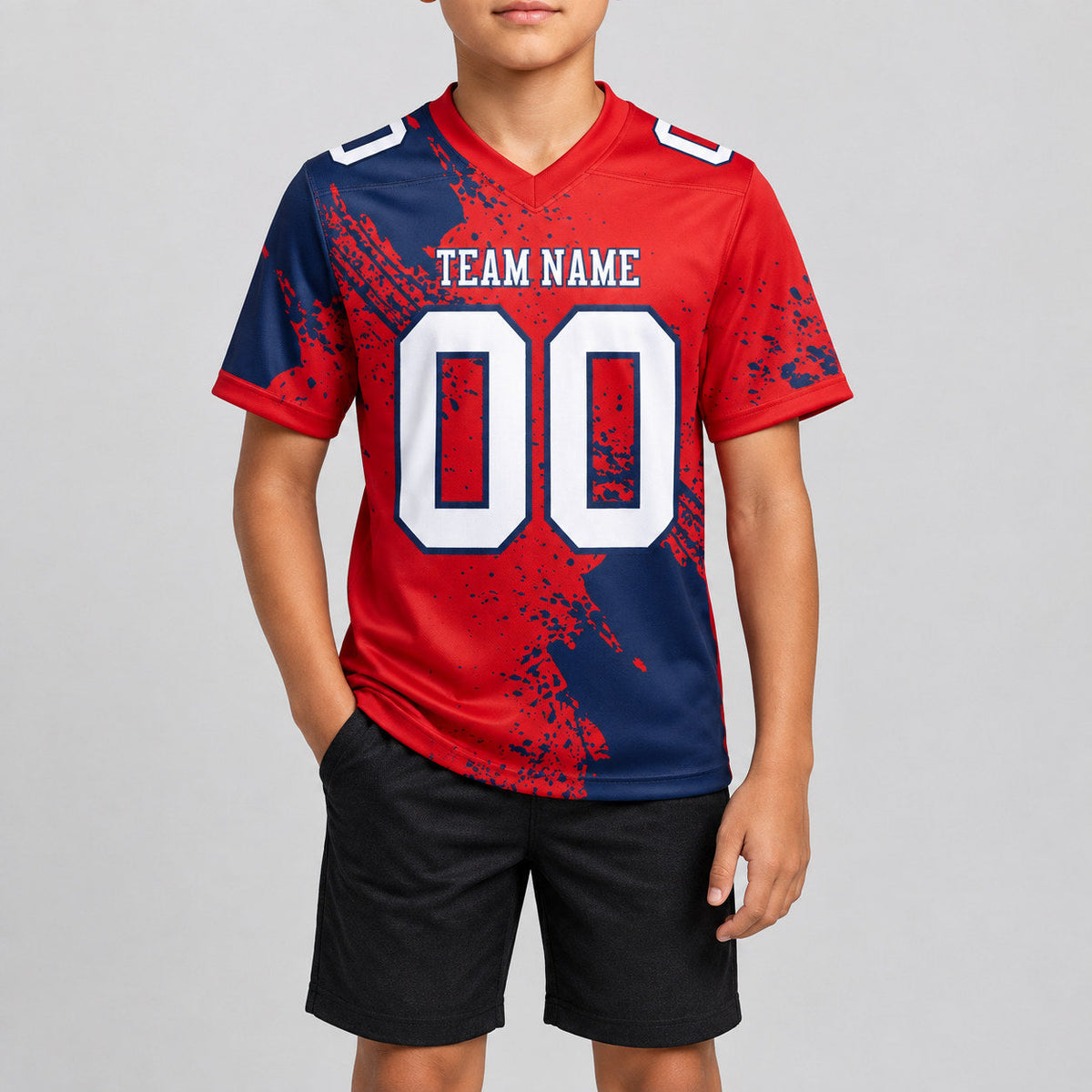 Custom Red Abstract Brush Stroke Authentic Football Jersey with White and Navy Lettering youth size worn by child model