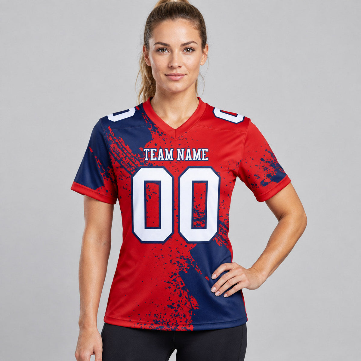 Custom Red Abstract Brush Stroke Authentic Football Jersey with White and Navy Lettering worn by female model