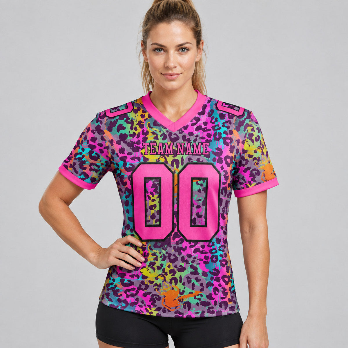 Custom Pink and Black Graffiti Colorful Leopard Print Authentic Football Jersey worn by female model