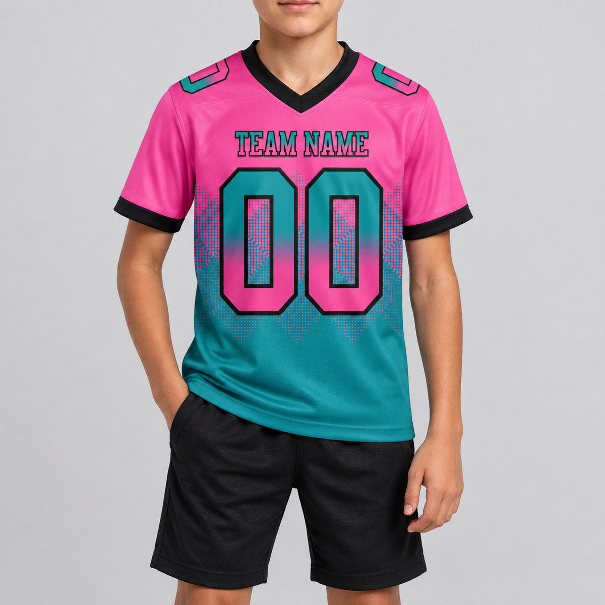 Custom Pink Gradient Square Shape Authentic 7v7 Flag Football Jersey with Teal and Black Lettering youth size worn by child model