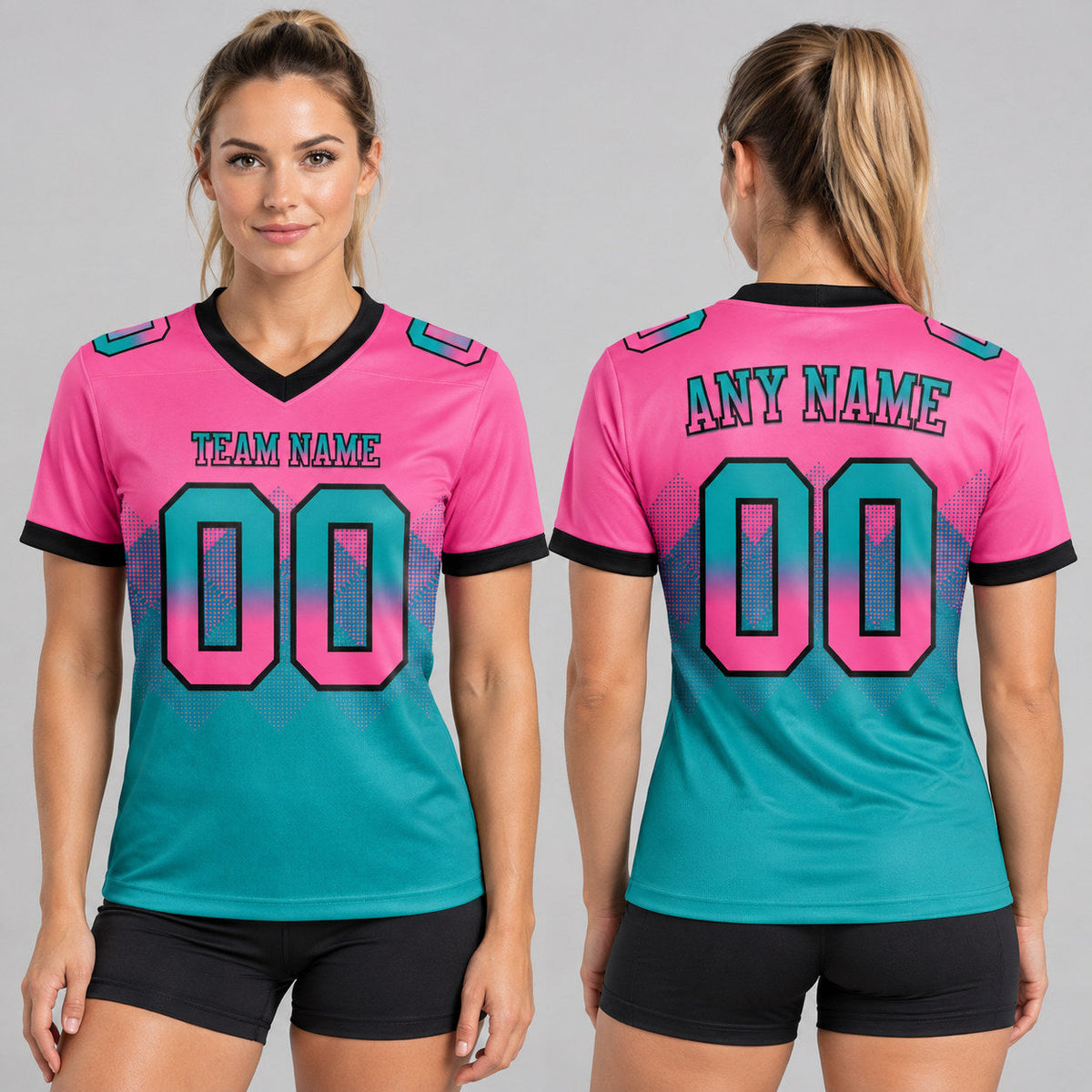Custom Pink Gradient Square Shape Authentic 7v7 Flag Football Jersey with Teal and Black Lettering worn by female model