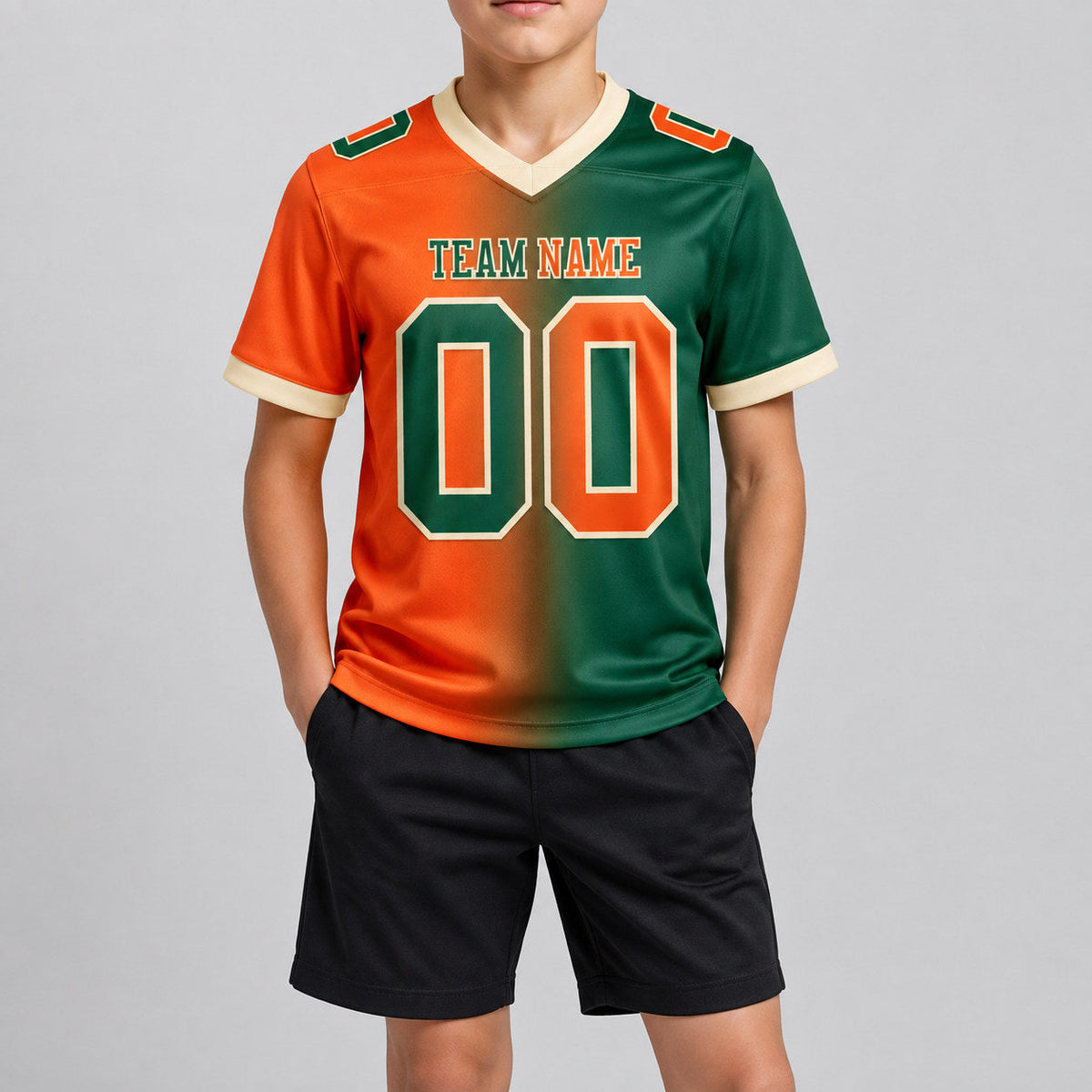 Custom Green Gradient Authentic Football Jersey with Orange and Cream Lettering youth size worn by child model