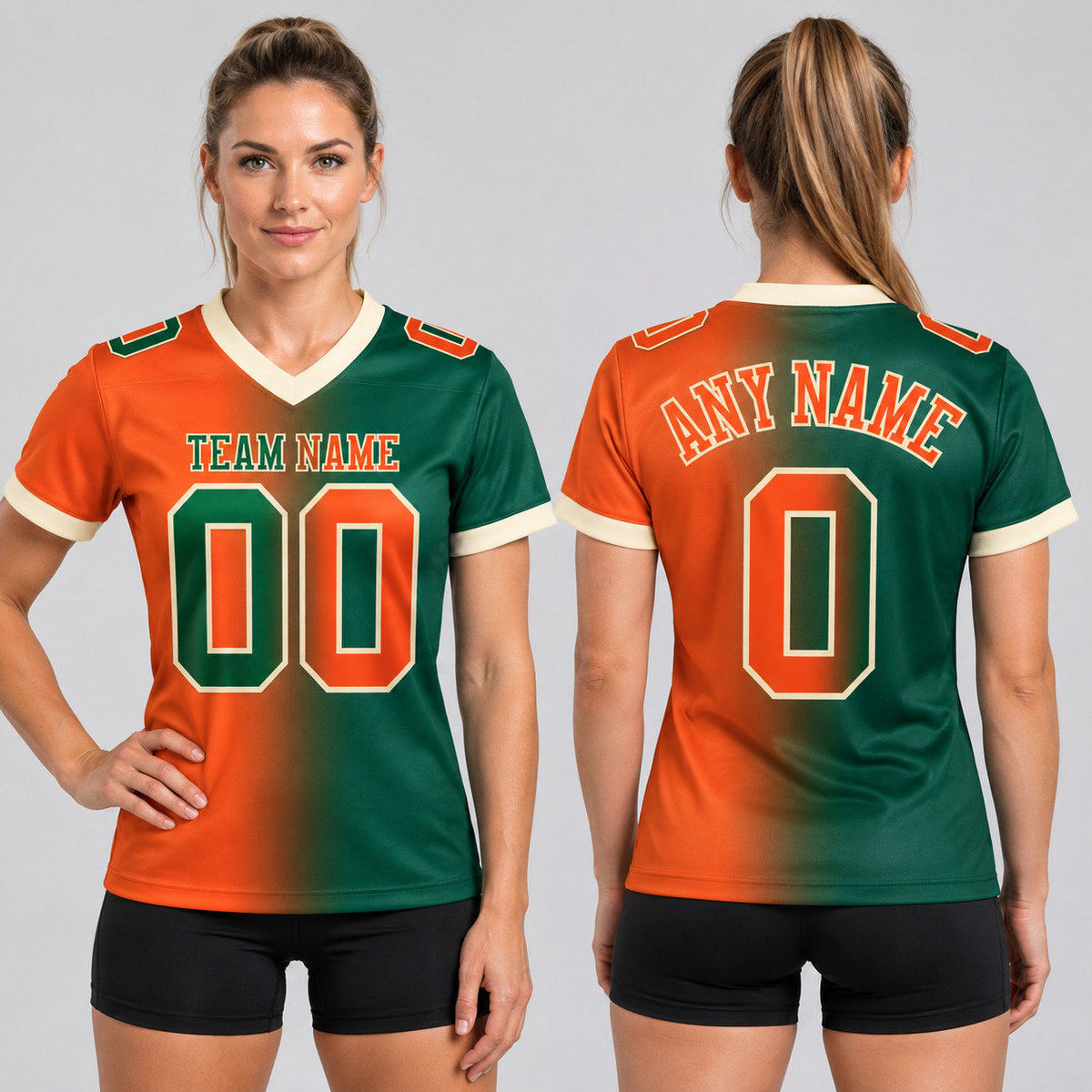 Custom Green Gradient Authentic Football Jersey with Orange and Cream Lettering worn by female model