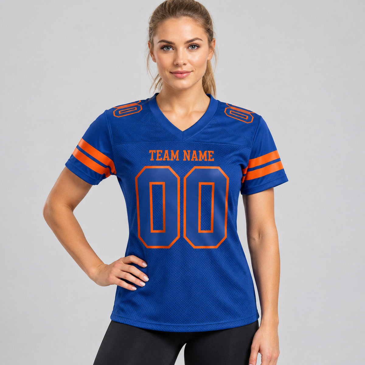 Custom Royal Mesh Authentic Football Jersey with Royal and Orange Lettering worn by female model