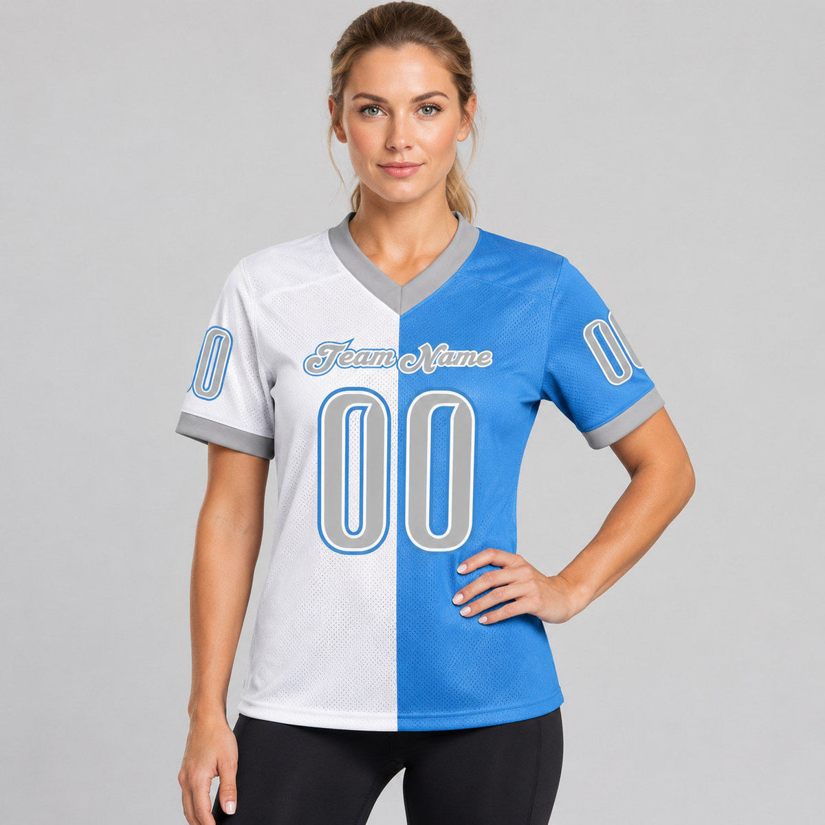 Custom Powder Blue Split Football Jersey with Gray and White Lettering worn by female model