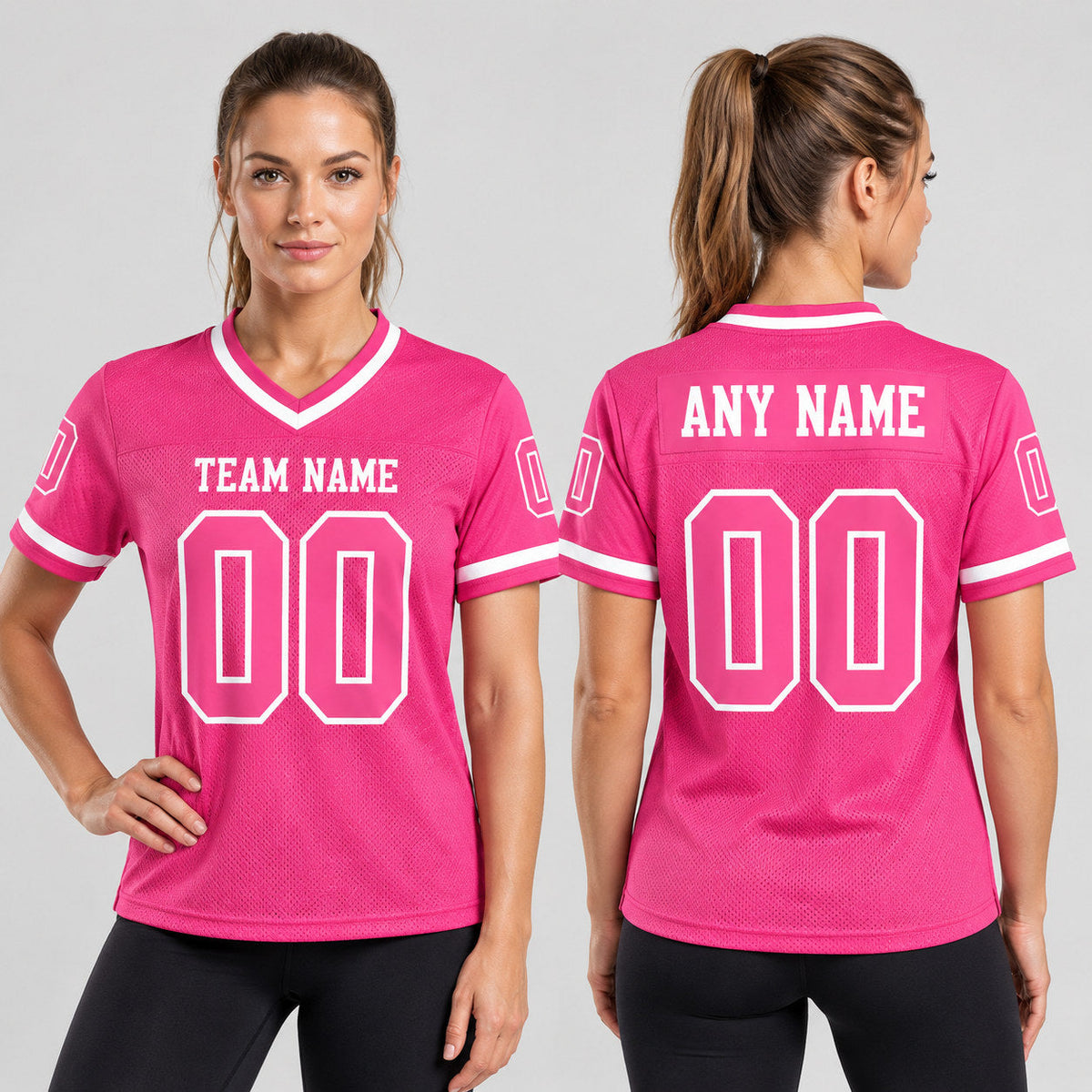 Custom Pink Mesh Authentic Football Jersey with White Lettering Design 0365 worn by female model