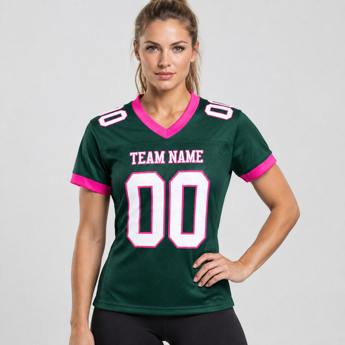 Custom Green Mesh Authentic Football Jersey with White and Pink Lettering Design 0224 worn by female model