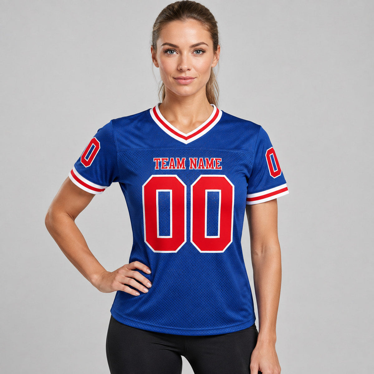 Custom Royal Mesh Authentic Football Jersey with Red and White Lettering Design 0166 worn by female model