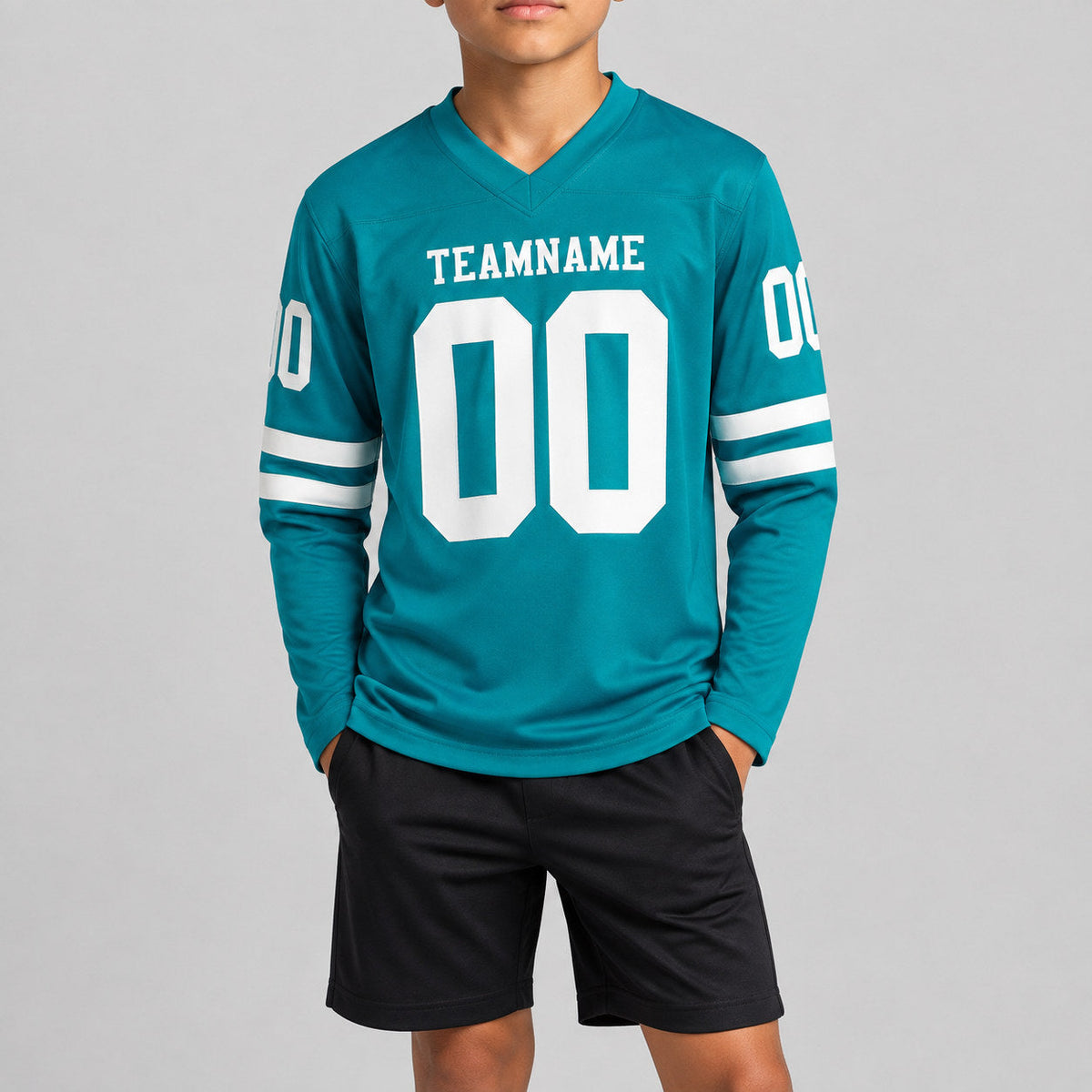Custom Teal Long Sleeve Authentic Football Jersey with White Lettering youth size worn by child model