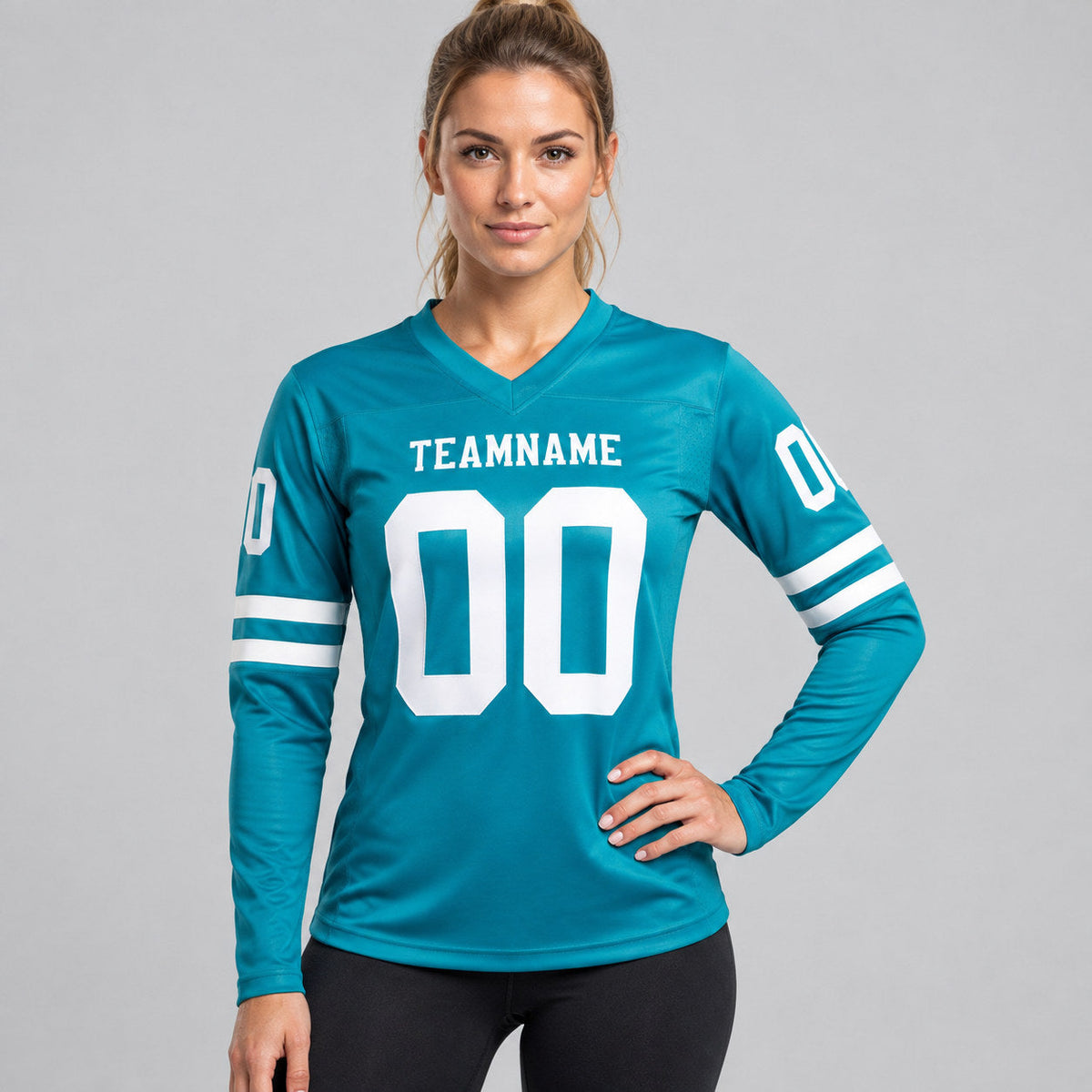 Custom Teal Long Sleeve Authentic Football Jersey with White Lettering worn by female model