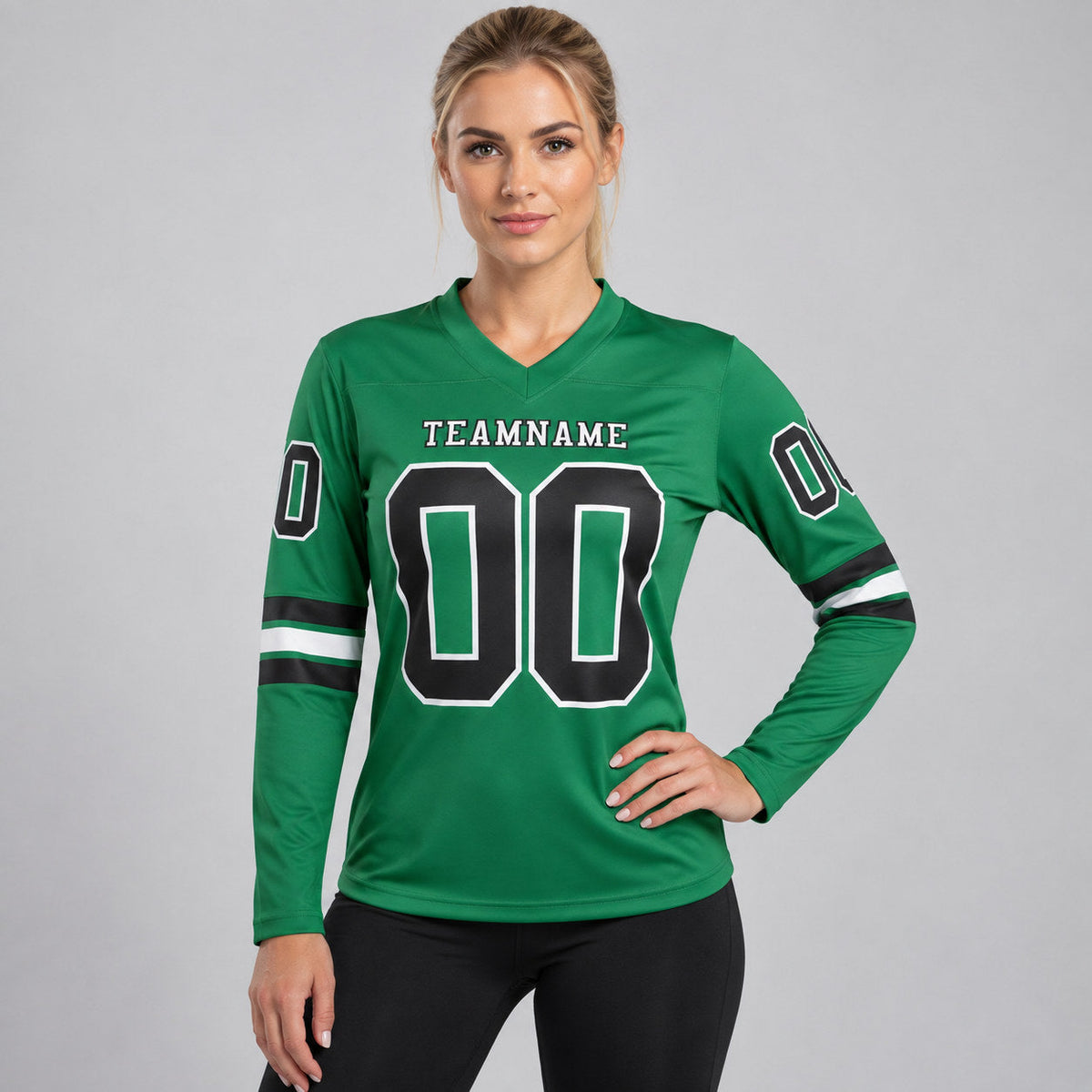 Custom Kelly Green Long Sleeve Authentic Football Jersey with Black and White Lettering worn by female model