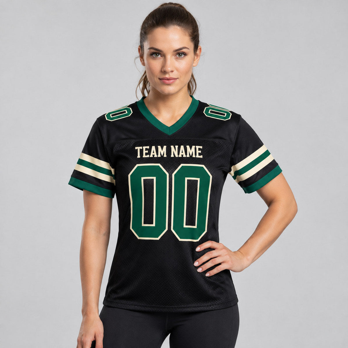 Custom Black Mesh Authentic Football Jersey with Green and Cream Lettering worn by female model