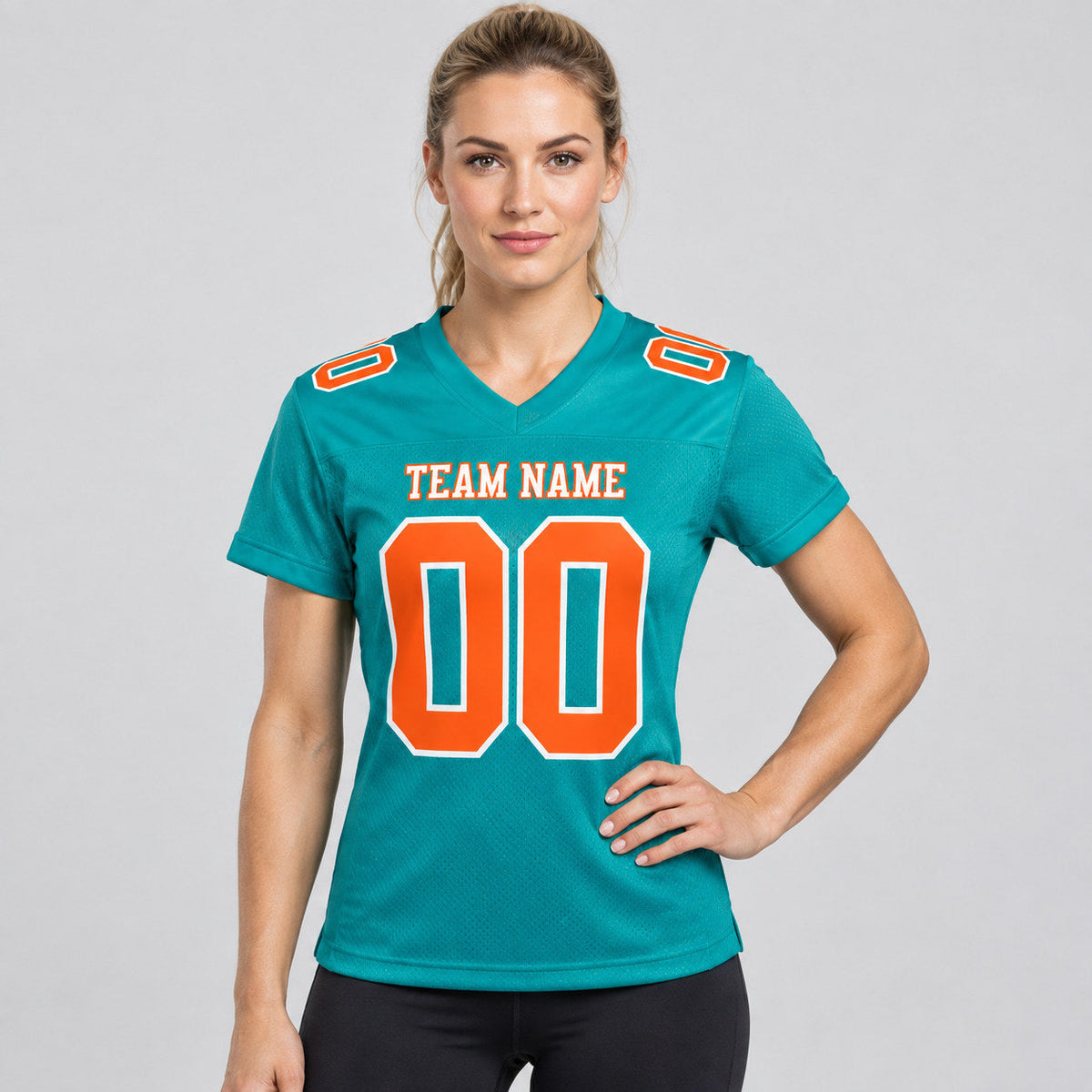 Custom Aqua Mesh Authentic Football Jersey with Orange and White Lettering Design 0140 worn by female model