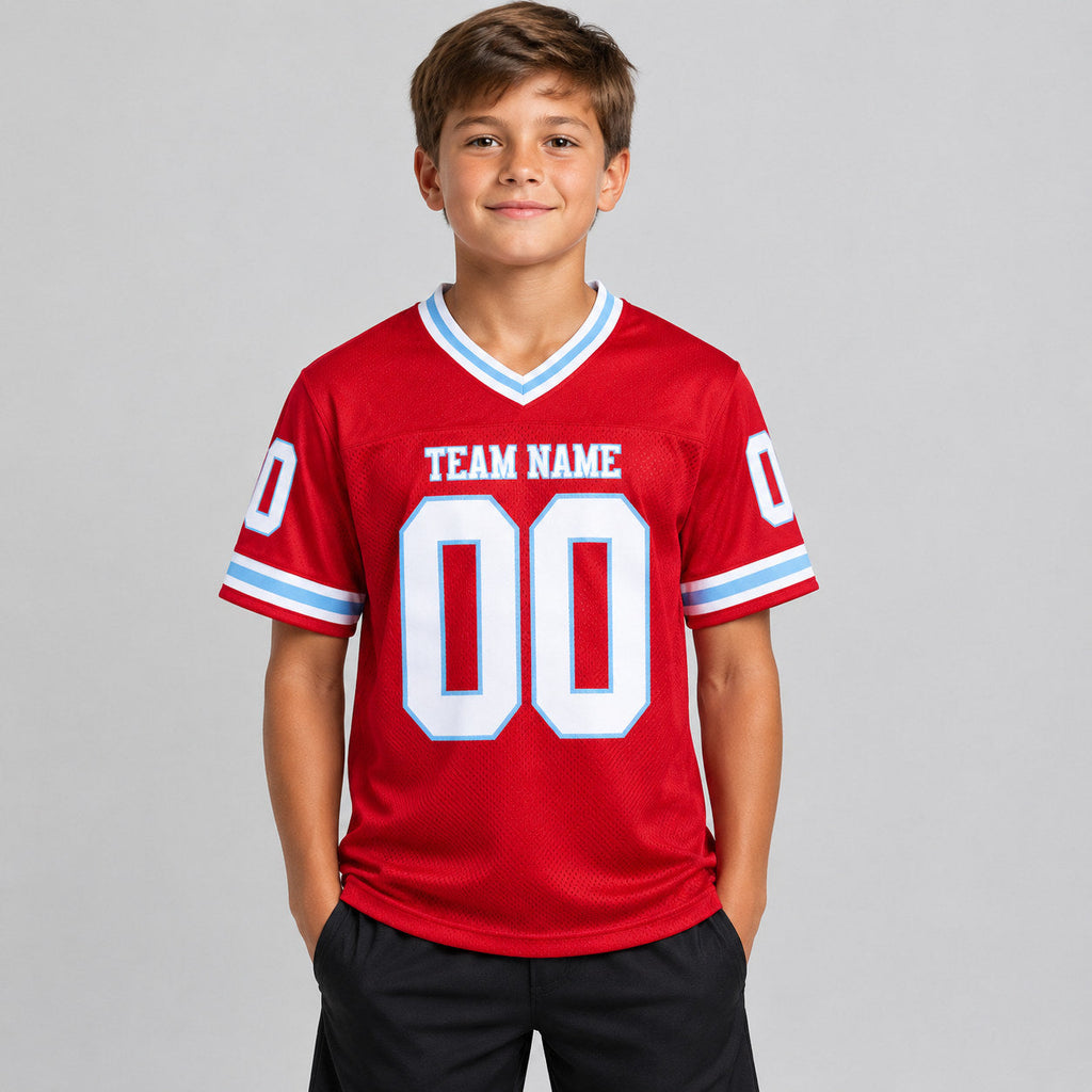 Custom Red Mesh Authentic Football Jersey with White and Light Blue Lettering Design 0252 youth size worn by child model