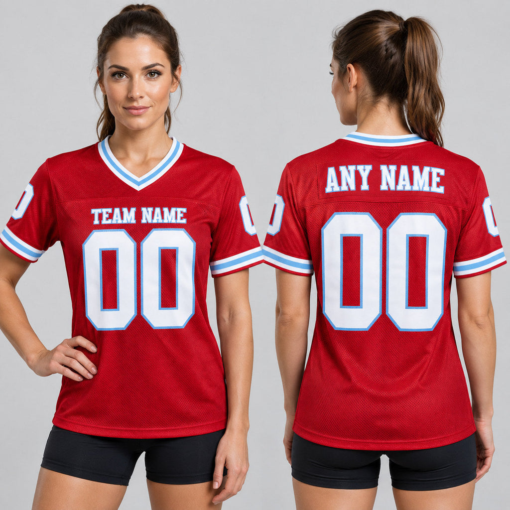 Custom Red Mesh Authentic Football Jersey with White and Light Blue Lettering Design 0252 worn by female model