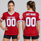 Custom Red Mesh Authentic Football Jersey with White and Light Blue Lettering Design 0252 worn by female model