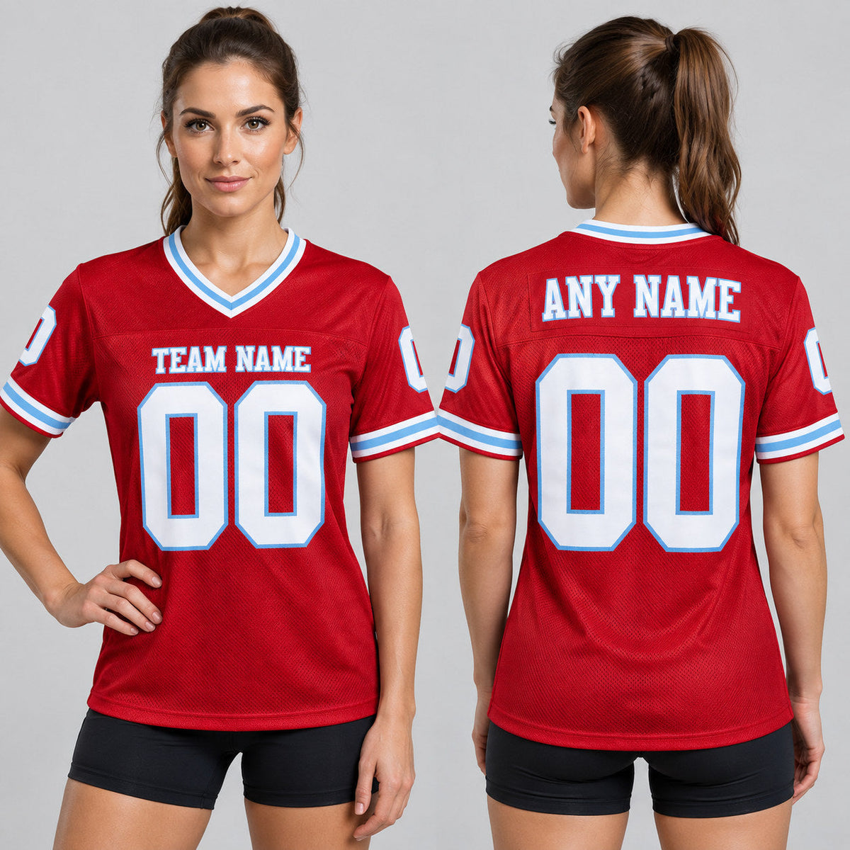 Custom Red Mesh Authentic Football Jersey with White and Light Blue Lettering Design 0252 worn by female model