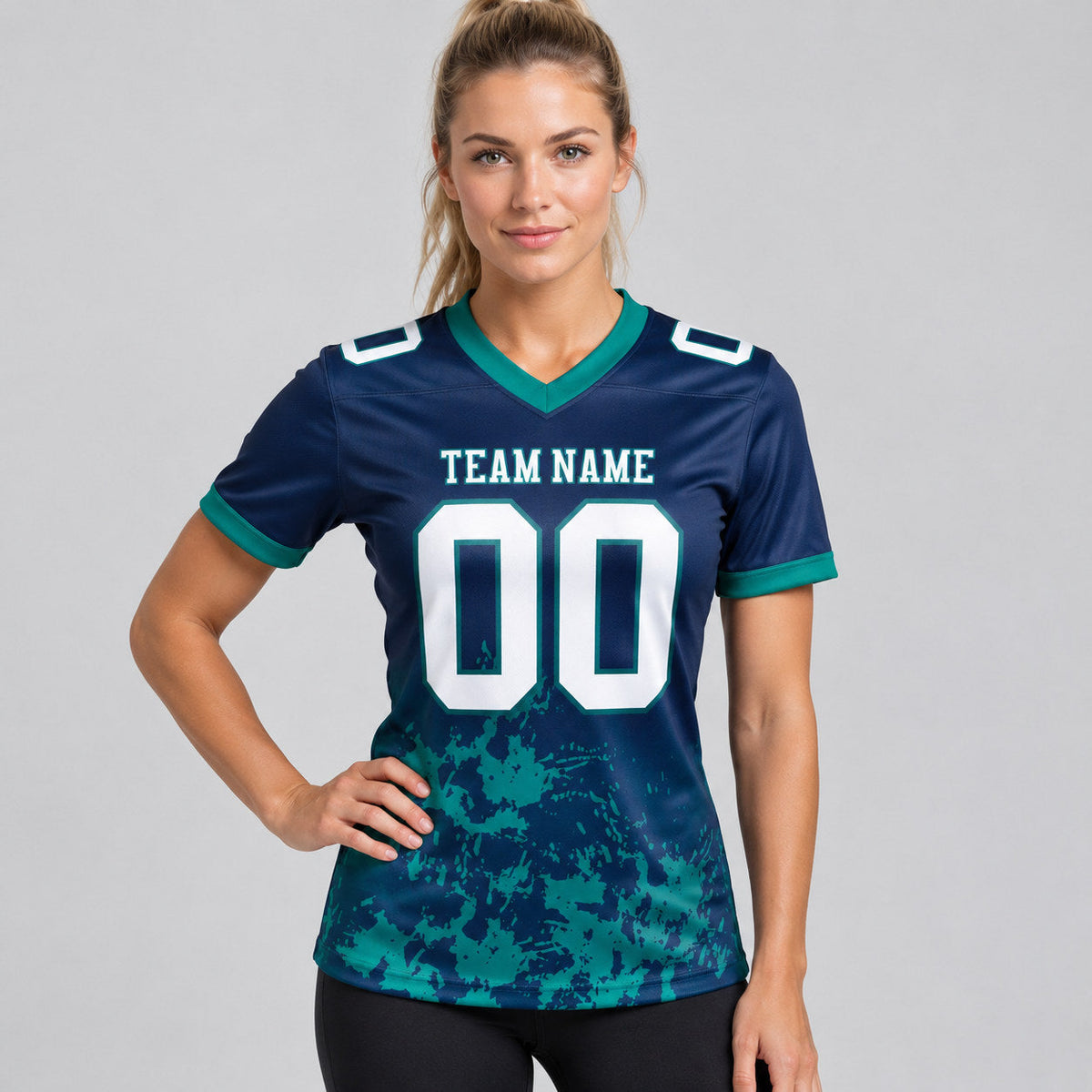 Custom Navy Splash Authentic Football Jersey with White and Teal Lettering worn by female model