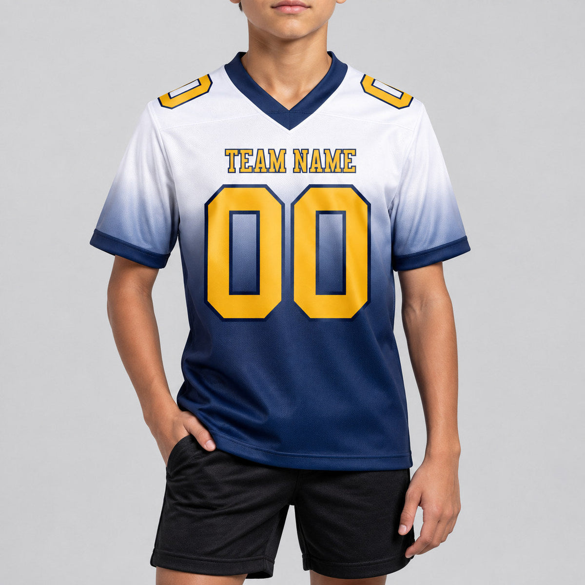 Custom White Fade Authentic Football Jersey with Gold and Navy Lettering youth size worn by child model