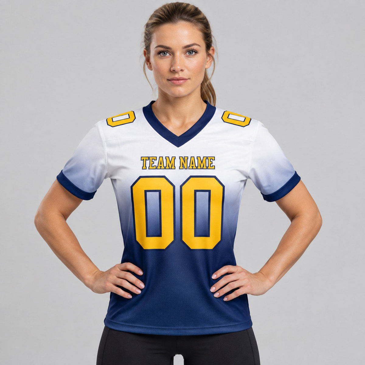 Custom White Fade Authentic Football Jersey with Gold and Navy Lettering worn by female model