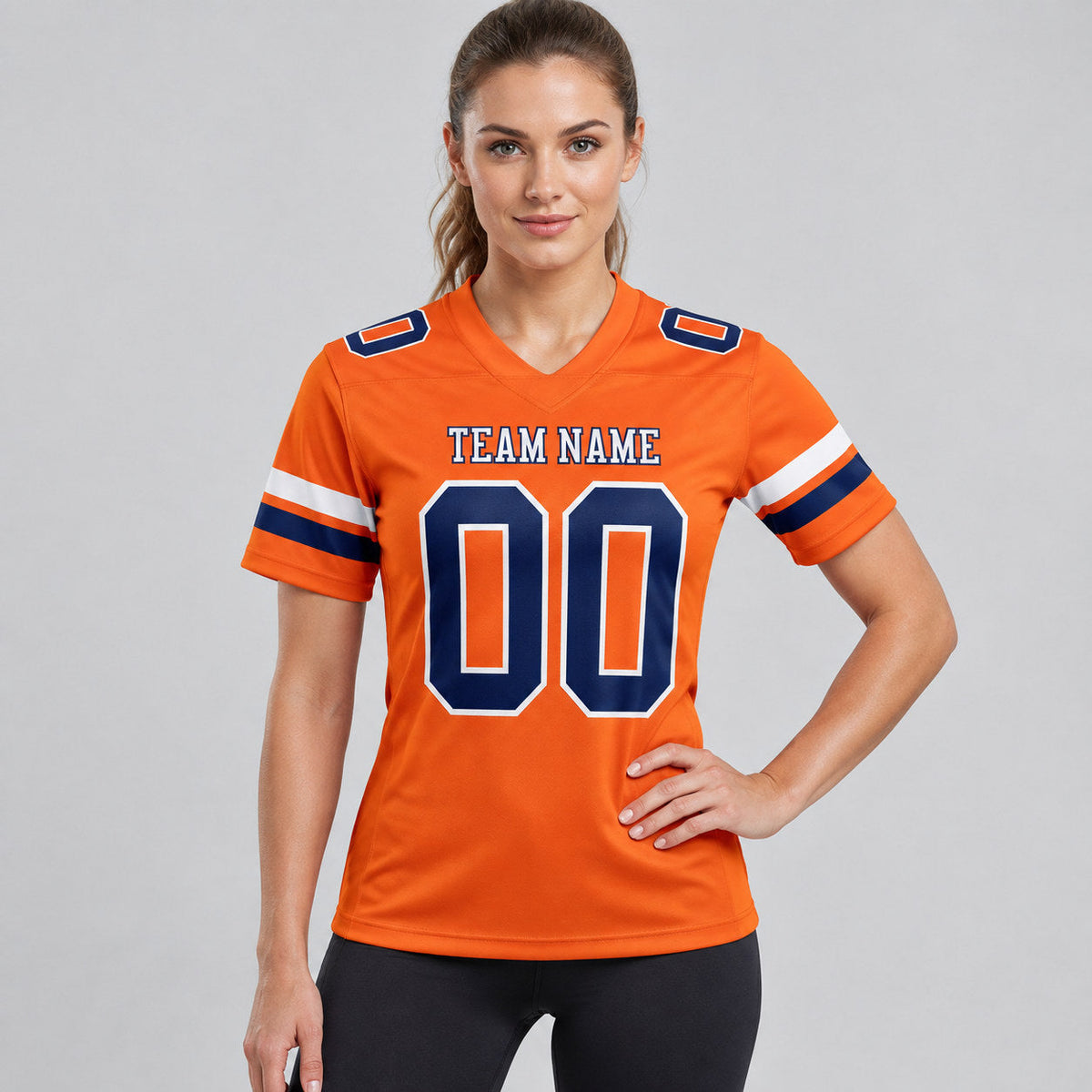 Custom Orange Authentic Football Jersey with Navy and White Lettering worn by female model