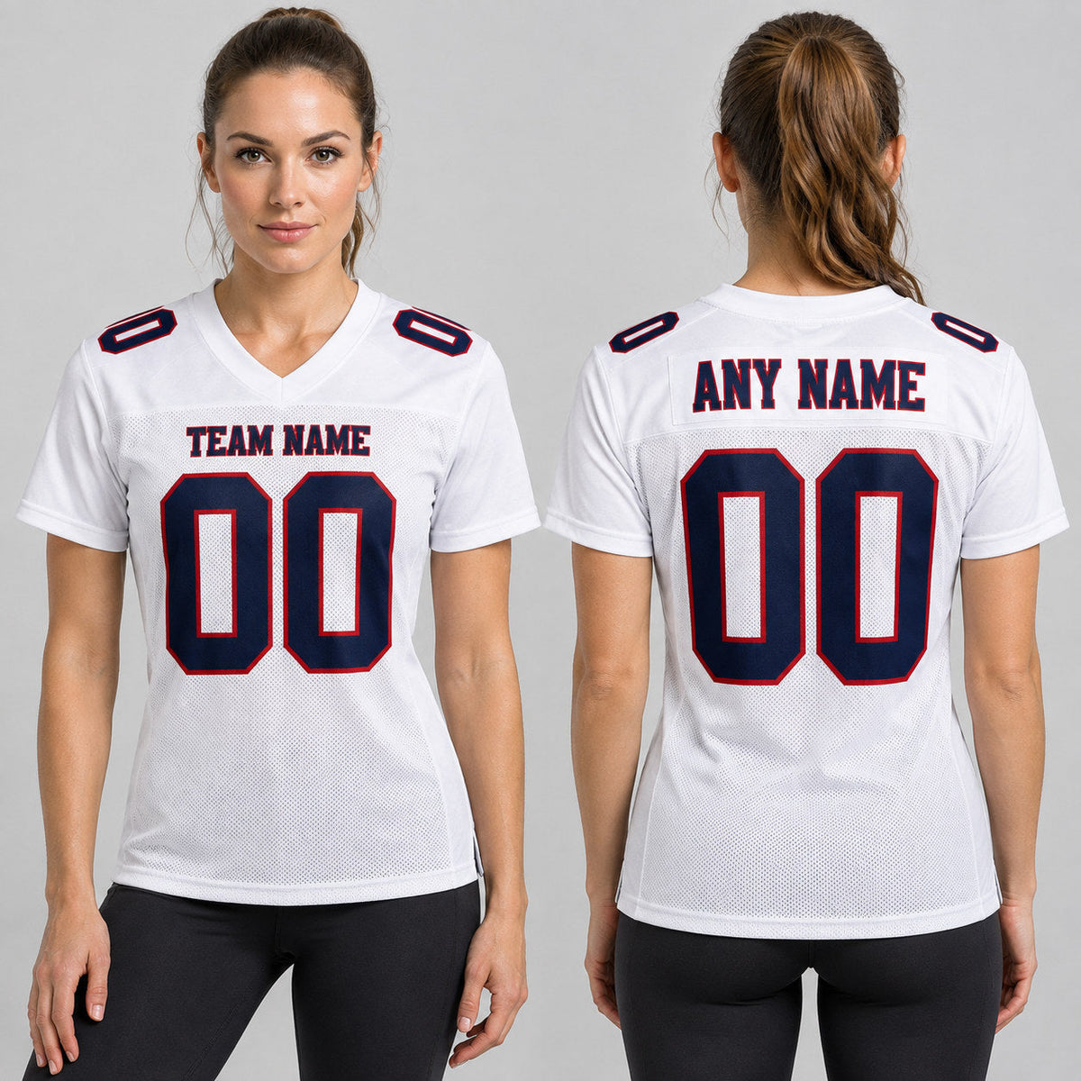 Custom White Mesh Authentic Football Jersey with Navy and Red Lettering Design 1082 worn by female model