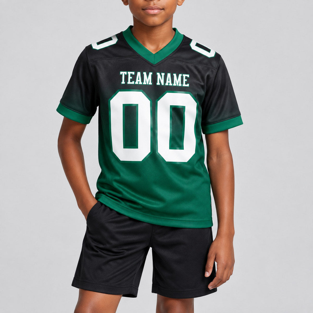 Custom Black Fade Authentic Football Jersey with White and Kelly Green Lettering youth size worn by child model