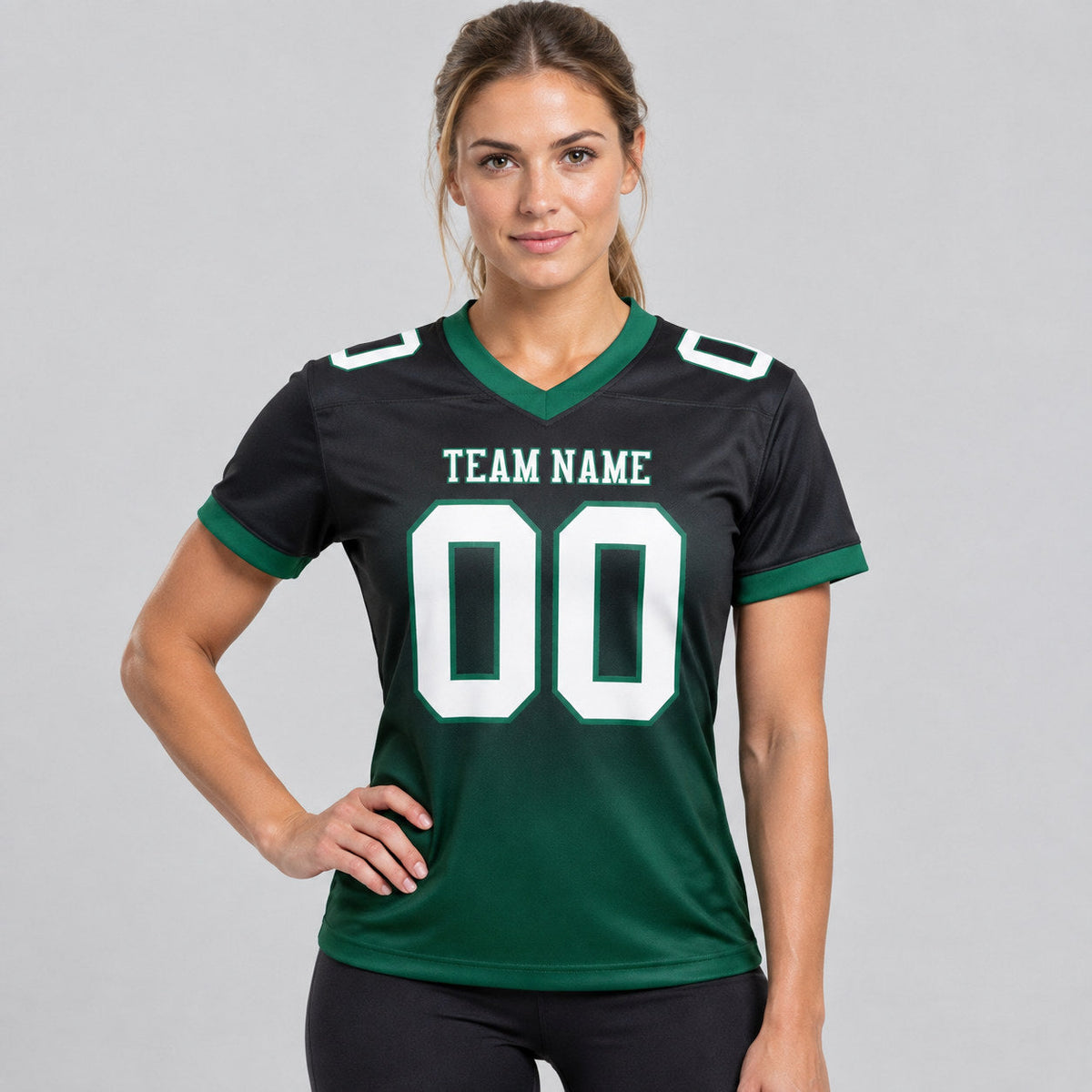 Custom Black Fade Authentic Football Jersey with White and Kelly Green Lettering worn by female model