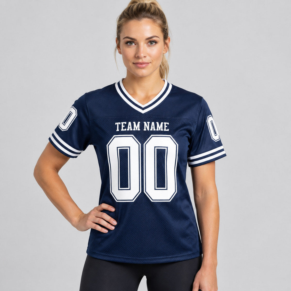 Custom Navy Mesh Authentic Football Jersey with White Lettering Design 0940 worn by female model
