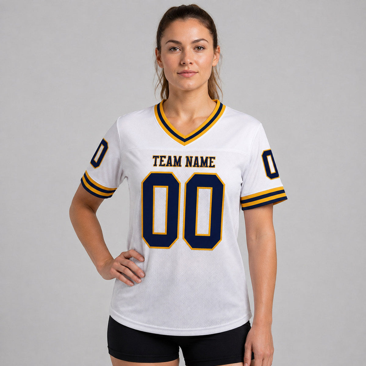 Custom White Mesh Authentic Football Jersey with Navy and Old Gold Lettering Design 1958 worn by female model