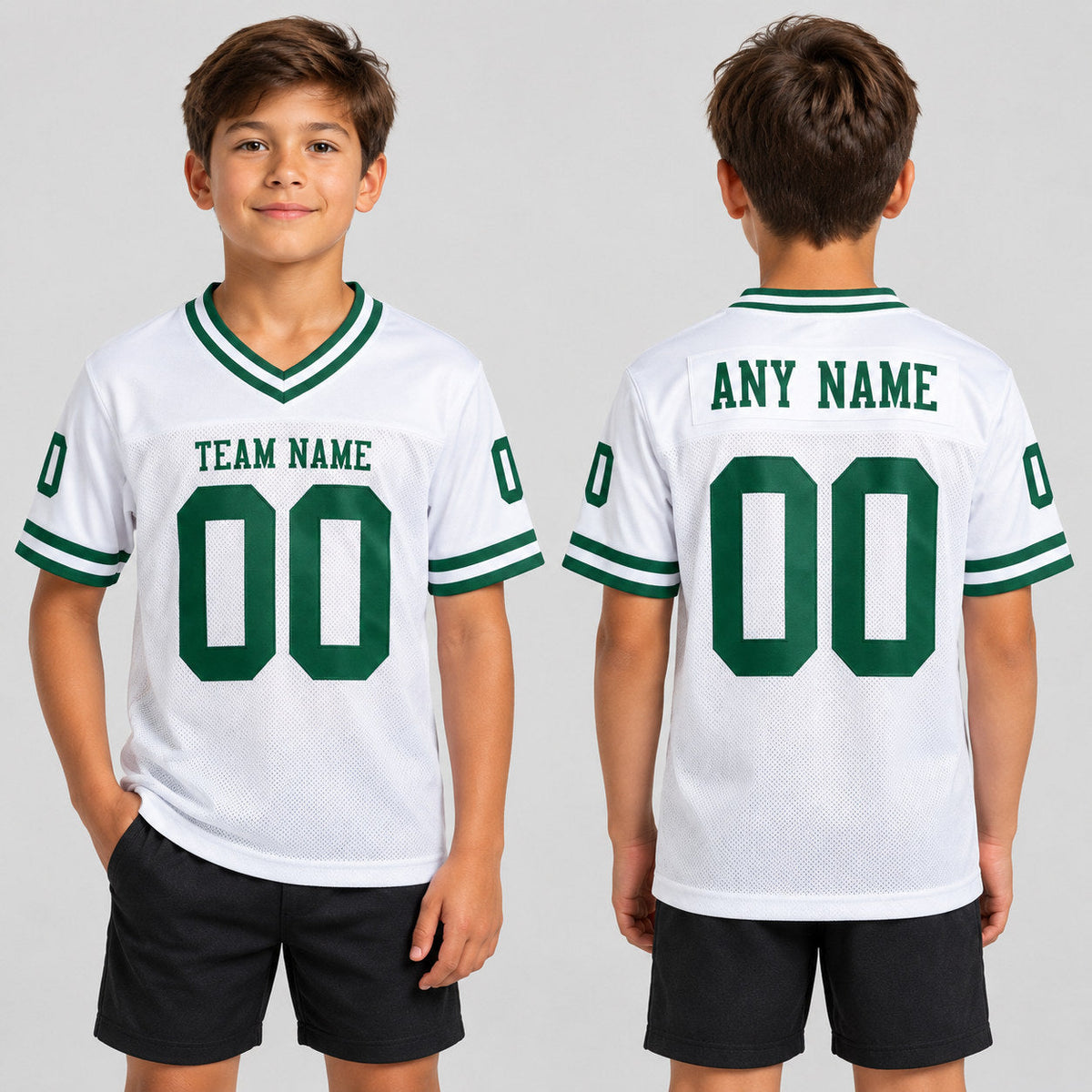 Custom White Mesh Authentic Football Jersey with Kelly Green Lettering Design 1895 youth size worn by child model