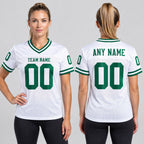 Custom White Mesh Authentic Football Jersey with Kelly Green Lettering Design 1895 worn by female model