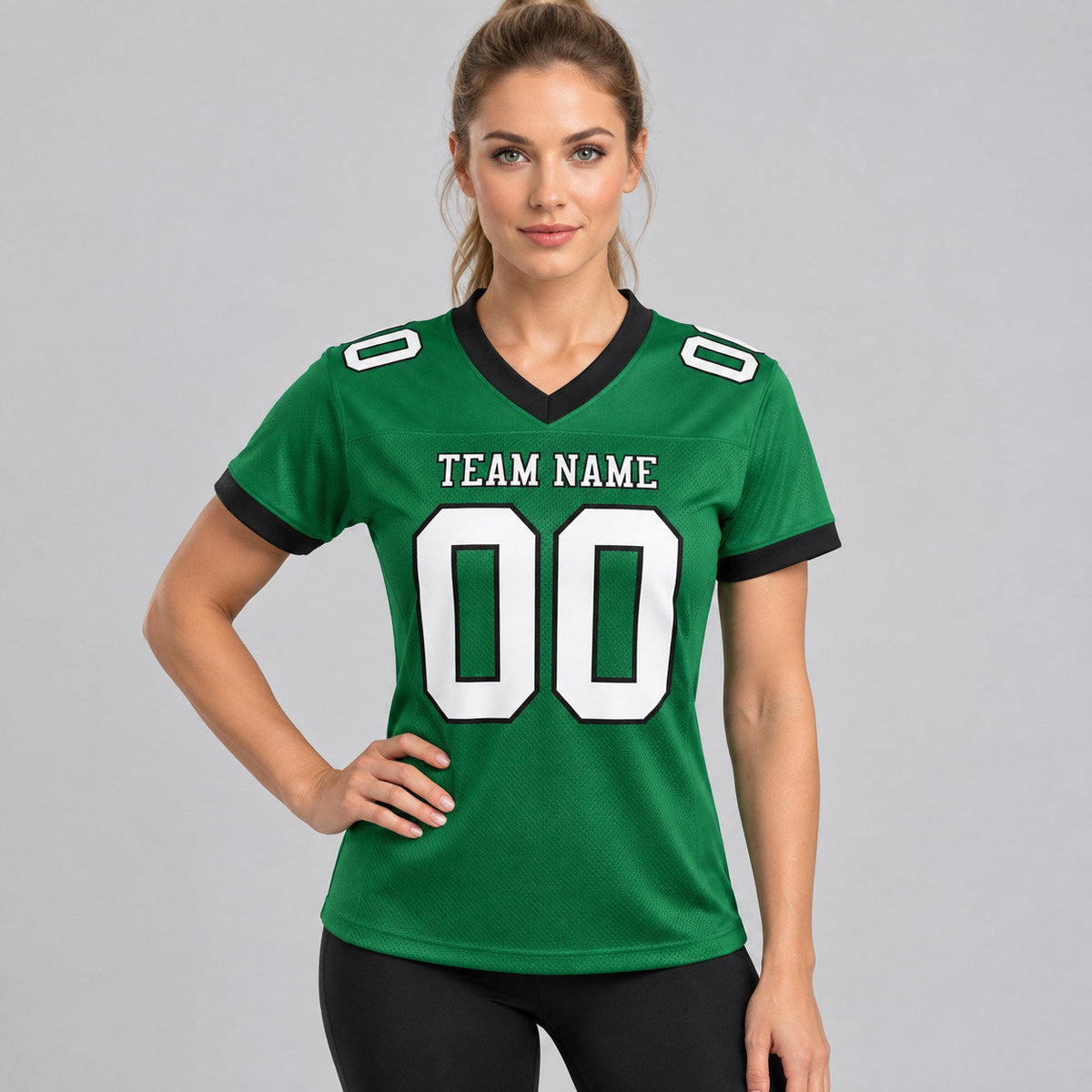 Custom Grass Green Mesh Authentic Football Jersey with White and Black Lettering Design 0002 2 worn by female model
