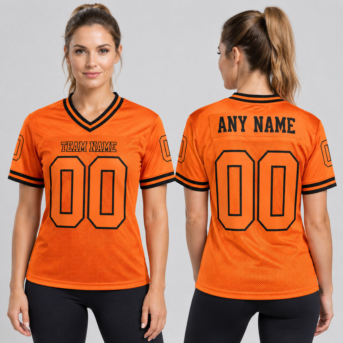 Custom Orange Mesh Authentic Football Jersey with Orange and Black Lettering Design 0224 worn by female model