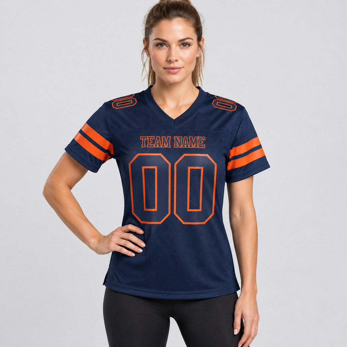 Custom Navy Mesh Authentic Football Jersey with Navy and Orange Lettering worn by female model