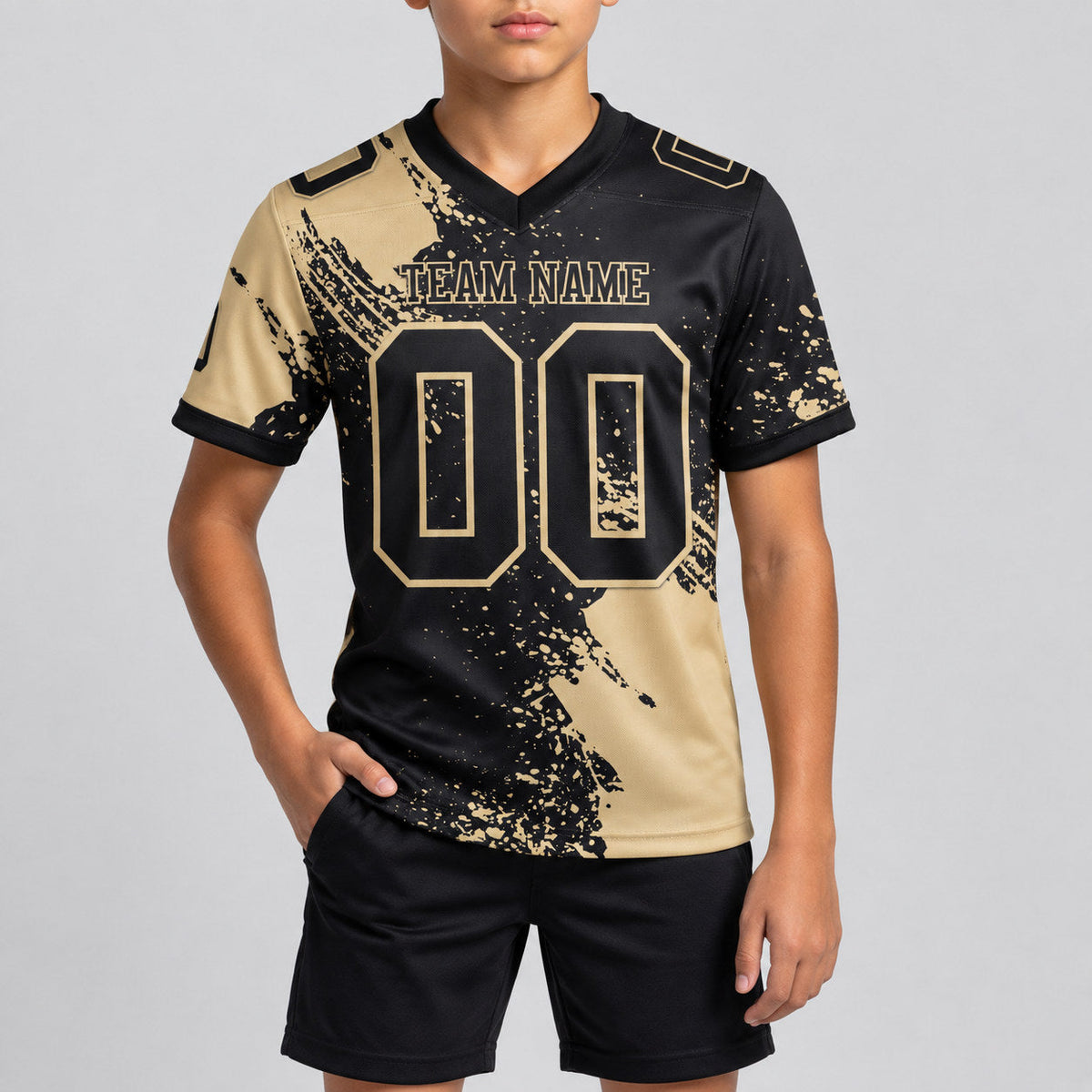 Custom Black Abstract Brush Stroke Authentic Football Jersey with Vegas Gold Lettering youth size worn by child model