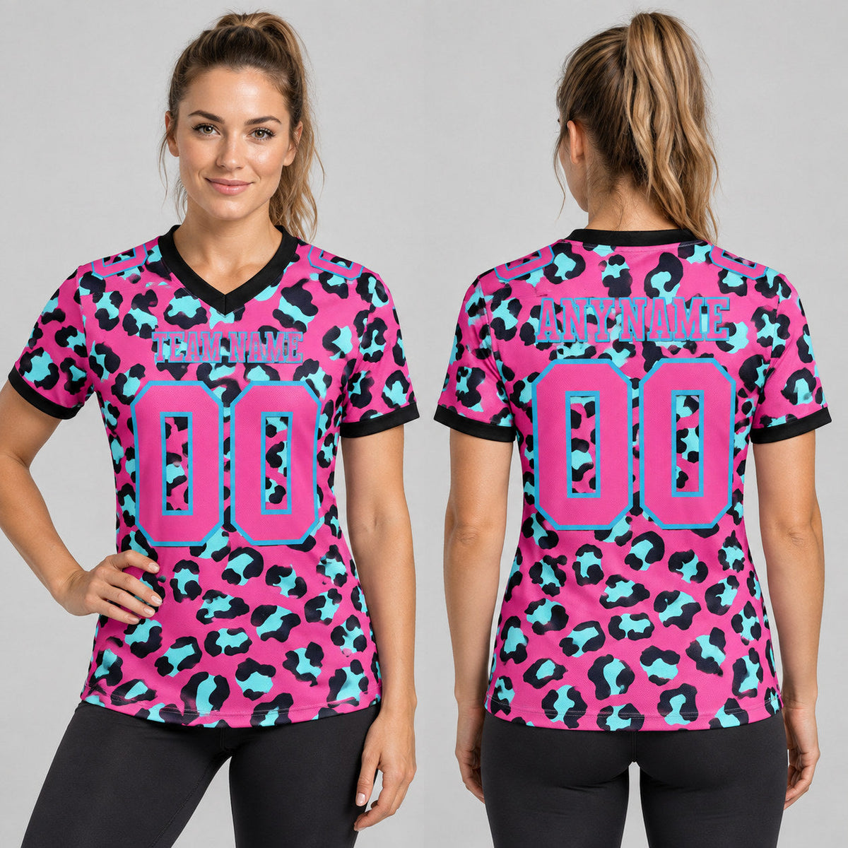 Custom Pink Leopard Print Authentic Football Jersey with Sky Blue and Black Lettering worn by female model