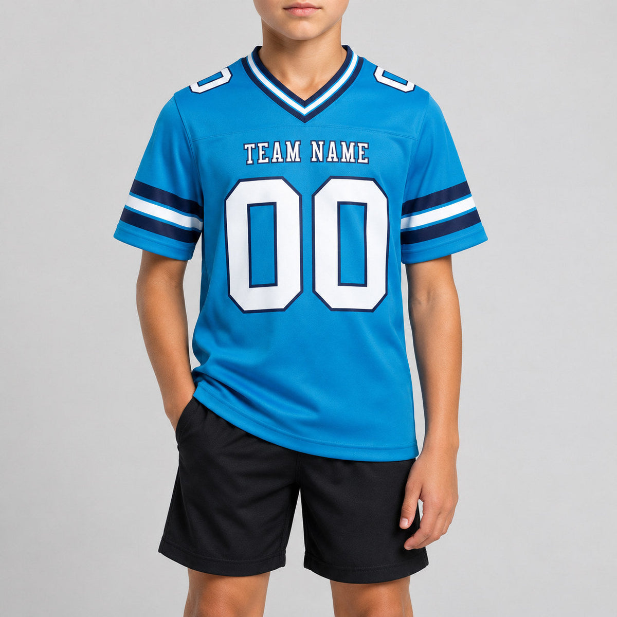 Custom Panther Blue Authentic Football Jersey with White and Navy Lettering Design 0069 youth size worn by child model