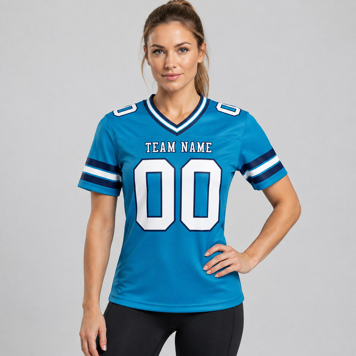 Custom Panther Blue Authentic Football Jersey with White and Navy Lettering Design 0069 worn by female model