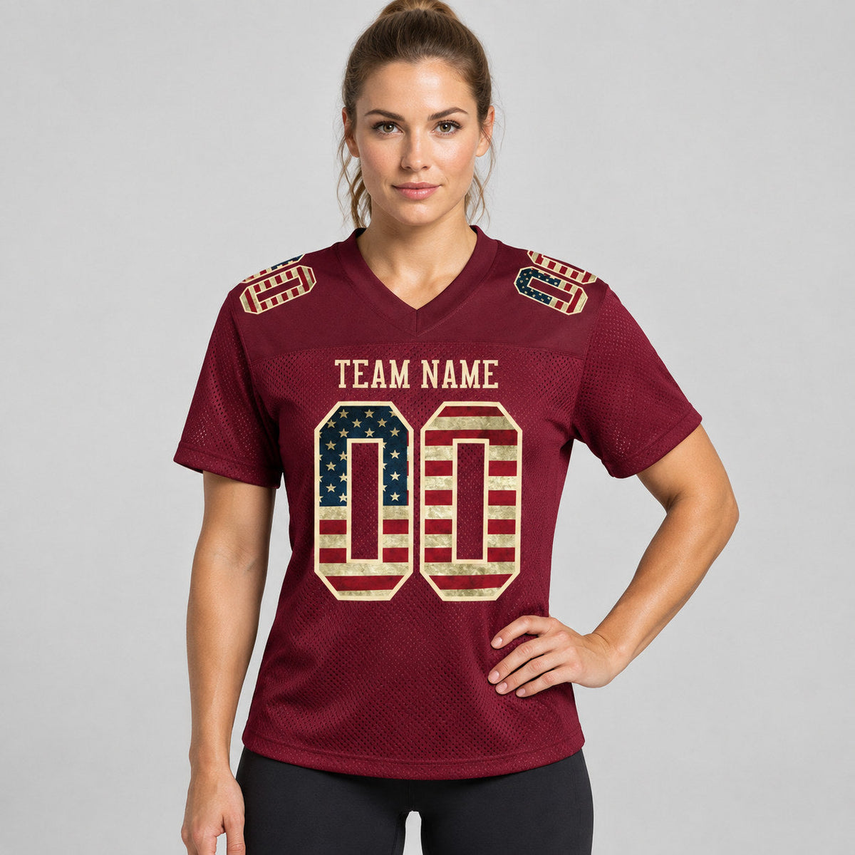 Custom Burgundy Vintage USA Flag Mesh Authentic Football Jersey with City Cream Lettering worn by female model