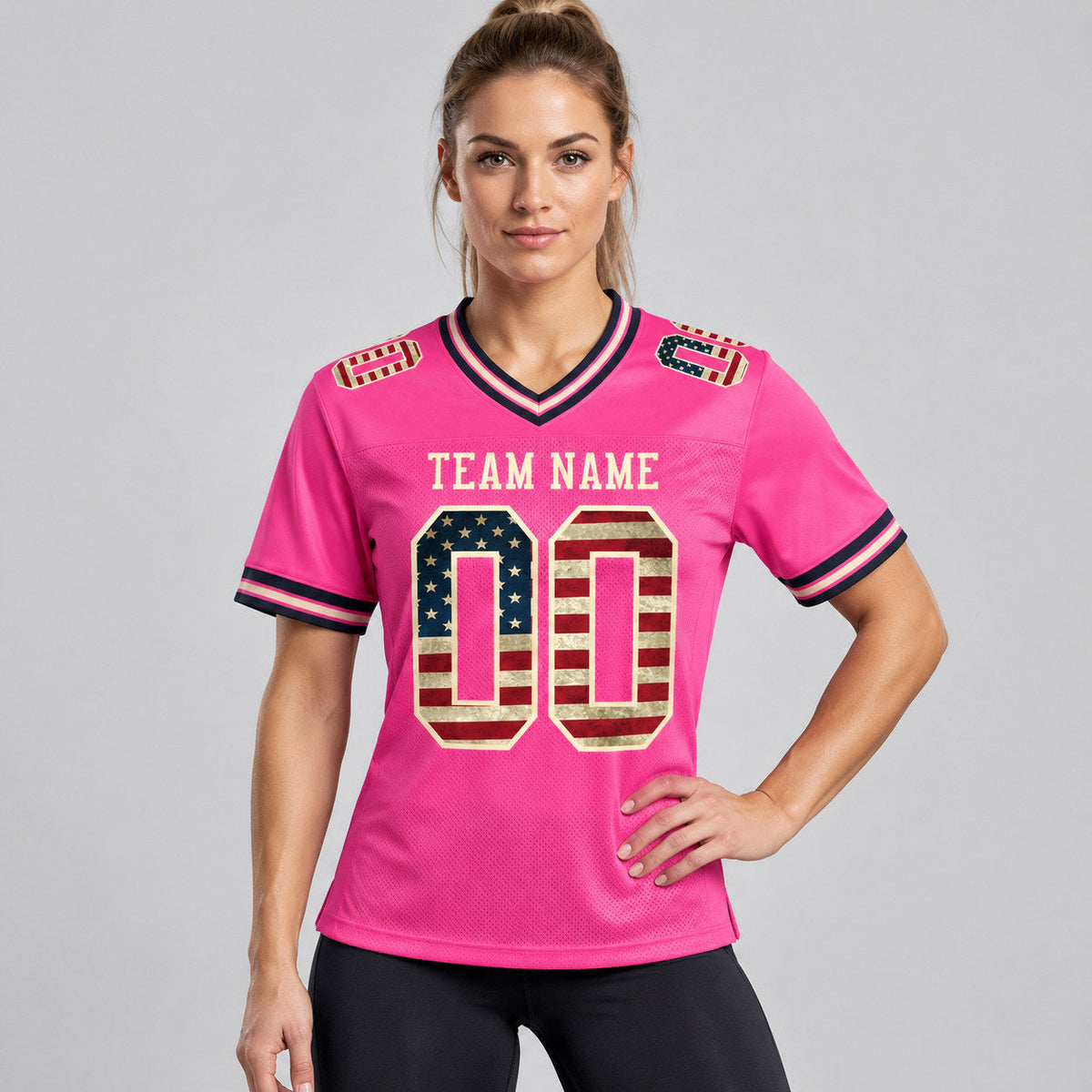 Custom Pink Vintage USA Flag Mesh Authentic Football Jersey with City Cream Lettering worn by female model