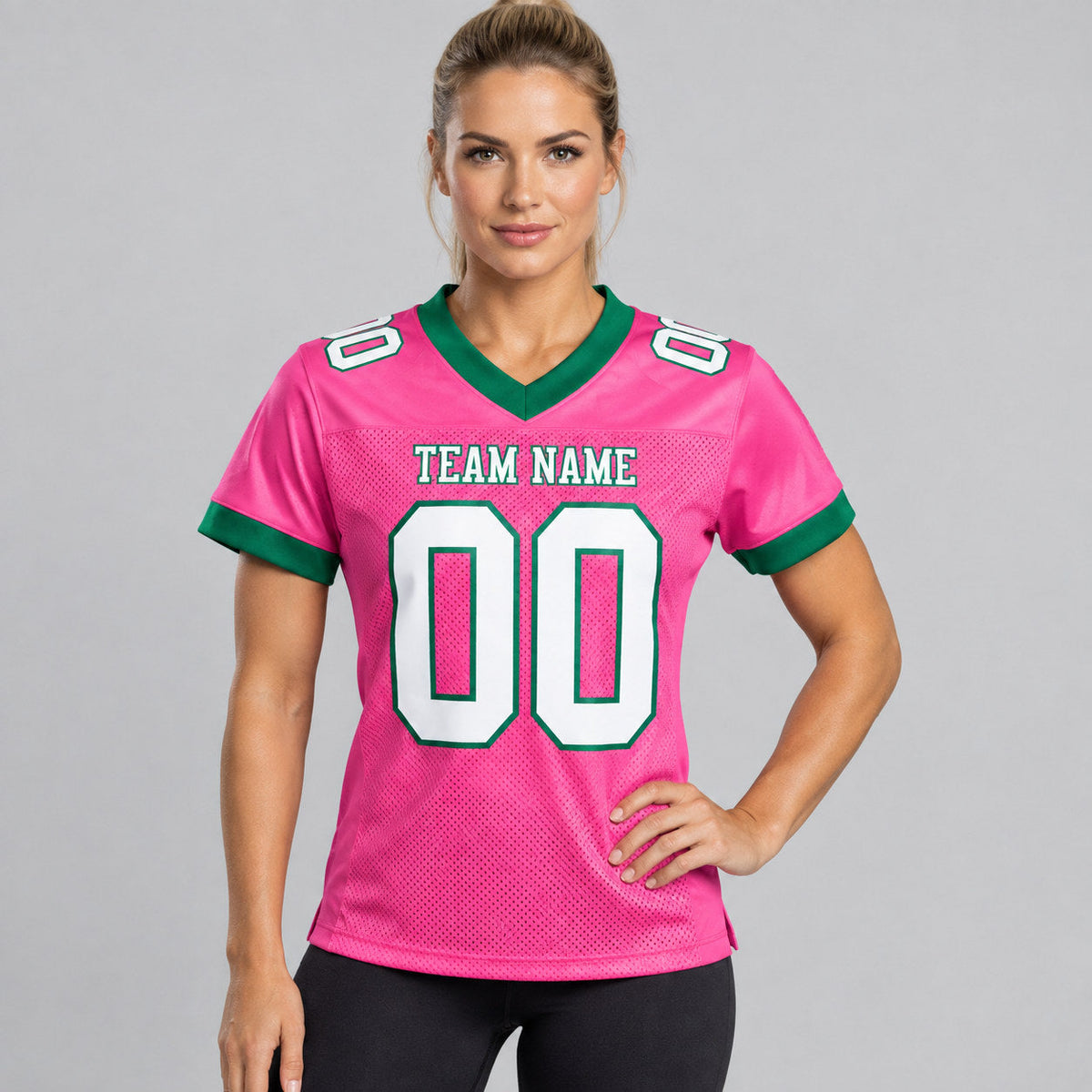 Custom Pink Mesh Authentic Football Jersey with White and Kelly Green Lettering Design 0269 worn by female model