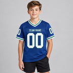 Custom Royal Mesh Authentic Football Jersey with White and Kelly Green Lettering Design 0359 youth size worn by child model