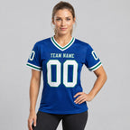 Custom Royal Mesh Authentic Football Jersey with White and Kelly Green Lettering Design 0359 worn by female model