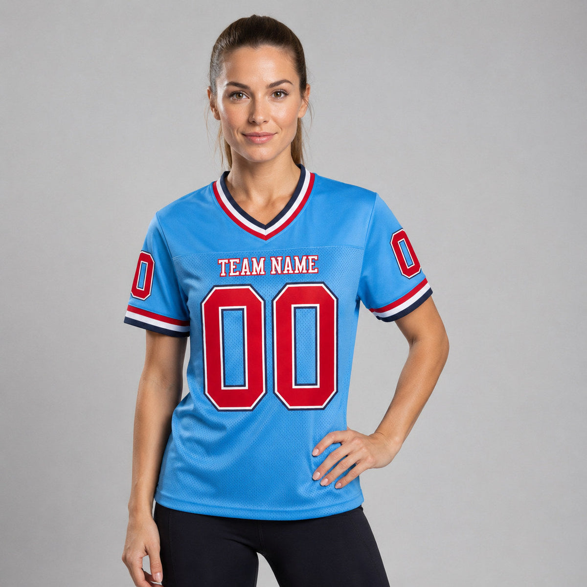 Custom Powder Blue Mesh Authentic Football Jersey with Red and Navy Lettering Design 0081 worn by female model