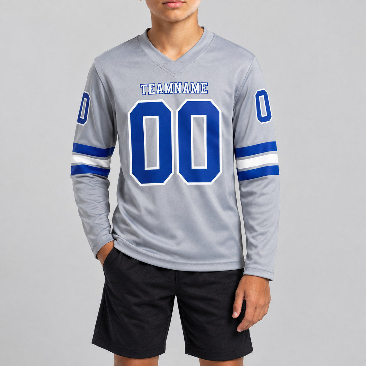 Custom Gray Long Sleeve Authentic Football Jersey with Royal and White Lettering youth size worn by child model